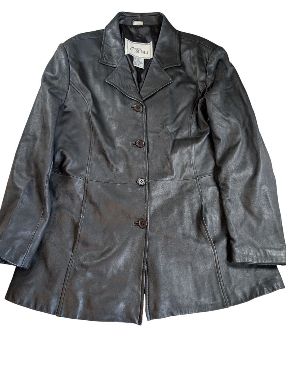 Modern Essentials Womens Black Long Button Front 100% Leather Jacket Large
